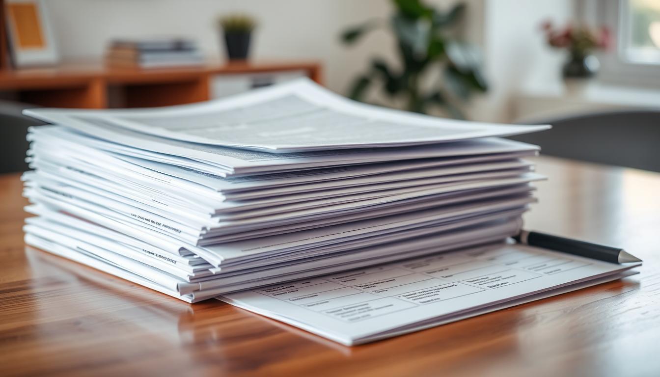 Stack of mortgage paperwork on a wooden desk with an Italian fountain pen